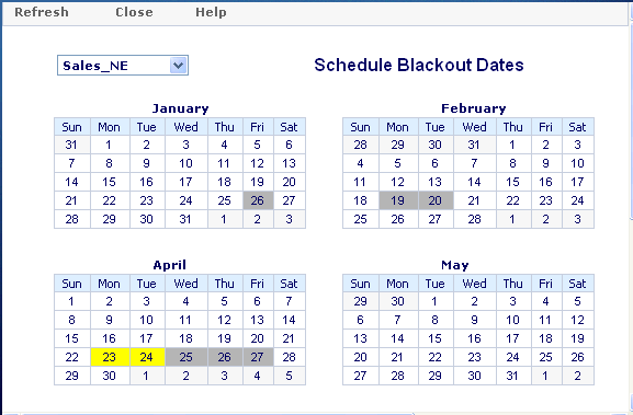 partial calendar of Schedule Blackout Dates for a selected group