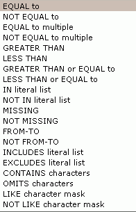 list of available operators for a filter