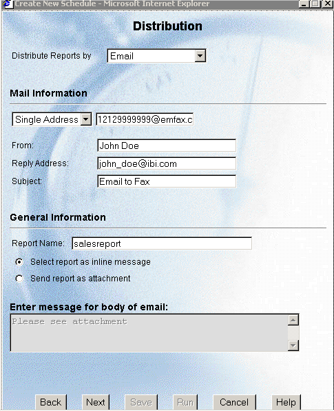 Distribution Reports by Email window