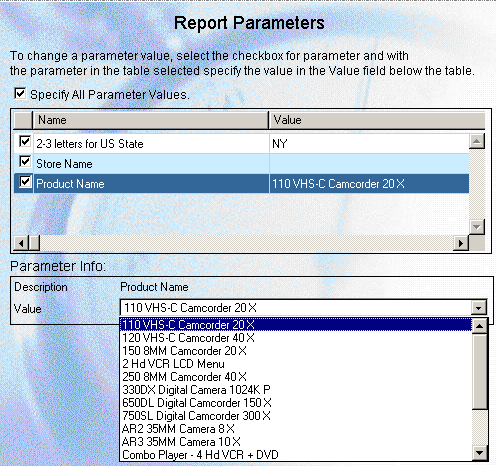 Report Parameters window